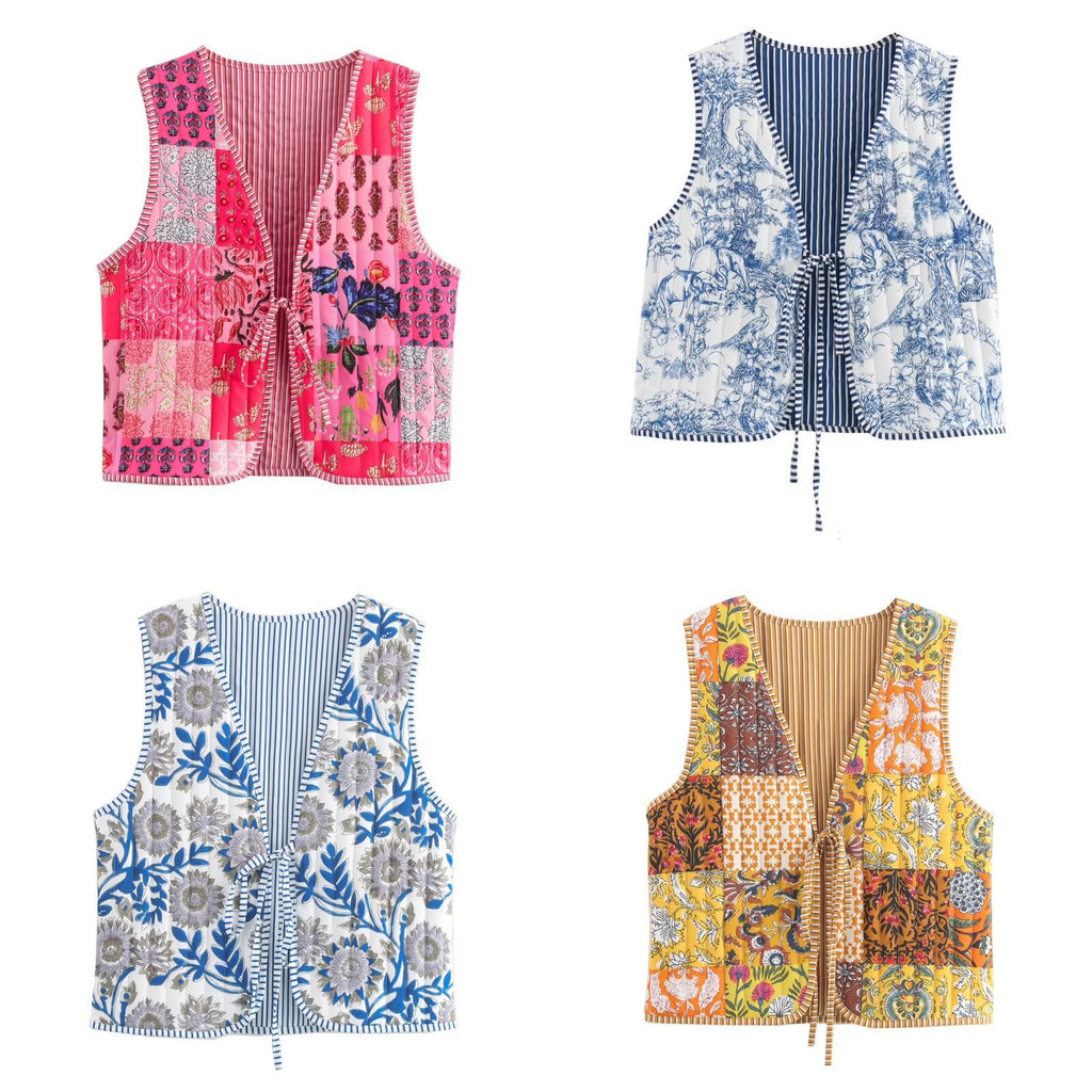 Women Quilted Vest with Romantic Toile Print, Striped Interior and Tie Ribbon Fashion Glam