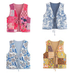 Women Quilted Vest with Romantic Toile Print, Striped Interior and Tie Ribbon Fashion Glam