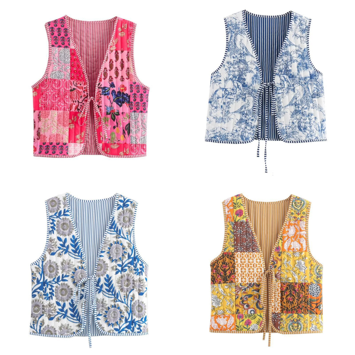Women Quilted Vest with Romantic Toile Print, Striped Interior and Tie Ribbon Fashion Glam