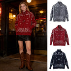 Women's chunky knit zip cardigan with stand-up collar and paisley jacquard Fashion Glam