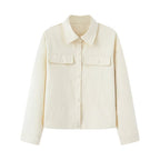 Women Short Cut Boxy Overshirt Jacket in Vegan Leather Look with Flap Pockets and Snap Button Closure Fashion Glam