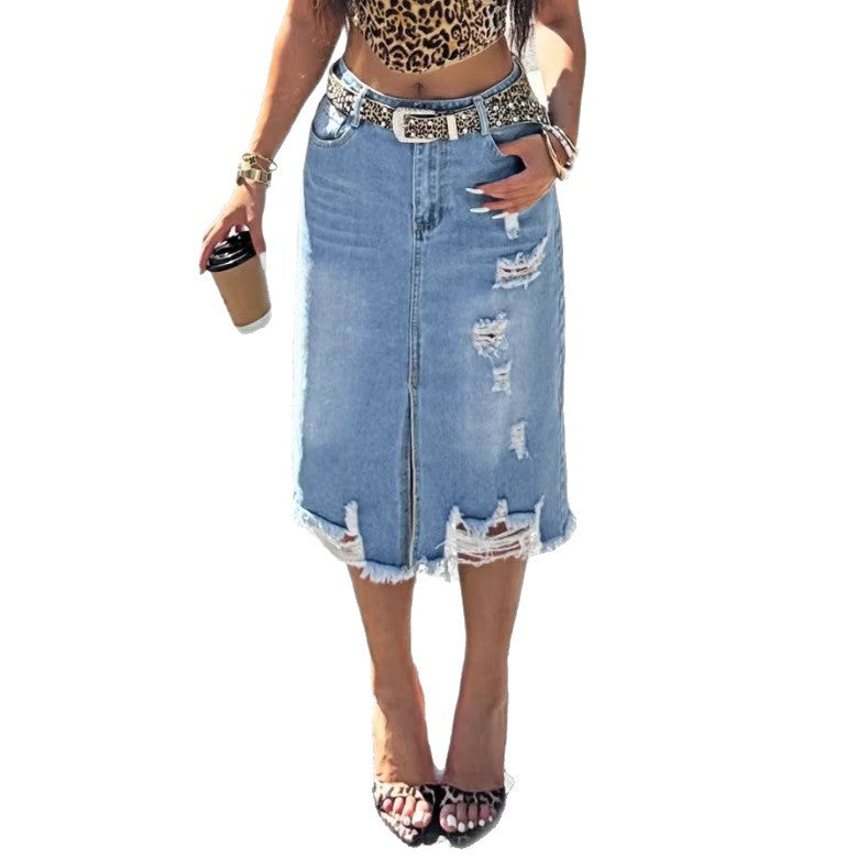 Ladies Denim Midi Skirt with Fringes Front Slit and Used Effects Fashion Glam