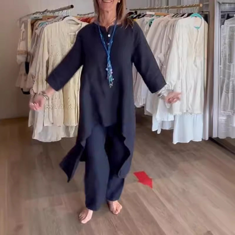 Women's Midi-Length Linen Tunic Set with Asymmetric Hem and Wide Palazzo Pants Fashion Glam