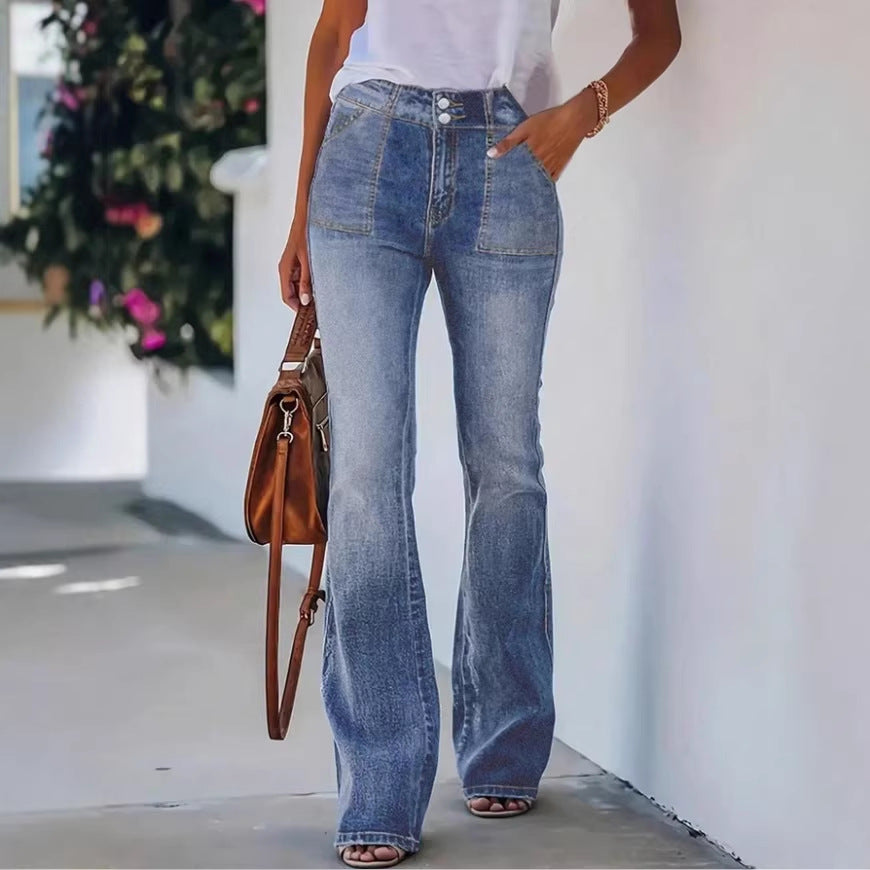 Women's High-Waisted Flared Denim Pants with Front Decorative Stitching and Shaping Waistband Fashion Glam