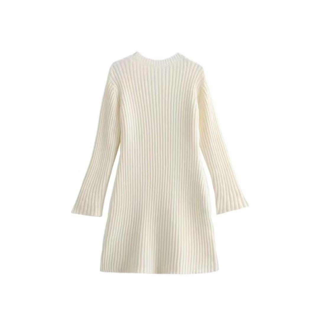 Women's Ribbed Knit Dress with Flared A-Line and Wide Cuffs Fashion Glam
