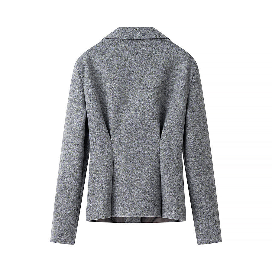 Women's Two-Piece Tailored Wool Suit with Textured Shoulder Blazer and Pleated Midi Skirt Fashion Glam