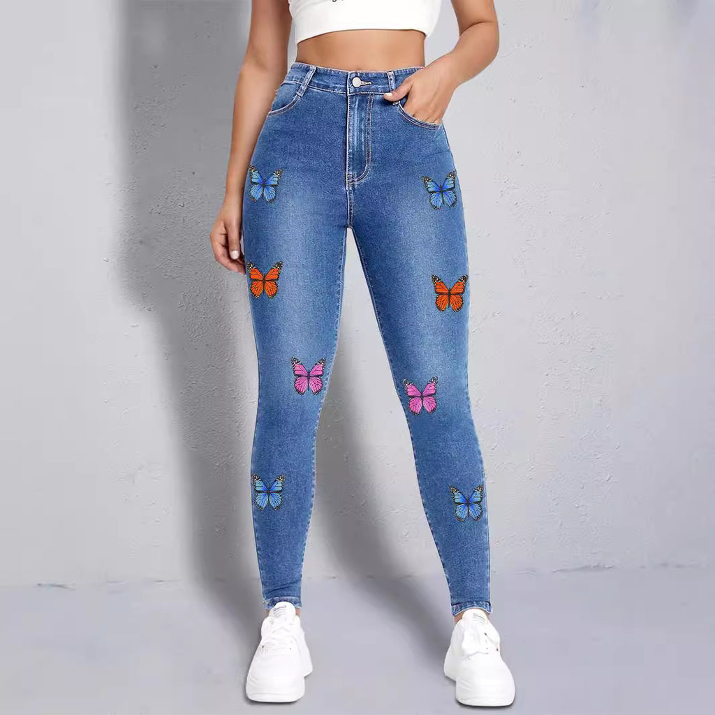Women slim-fit high-waist jeans leggings with colorful butterfly print Fashion Glam