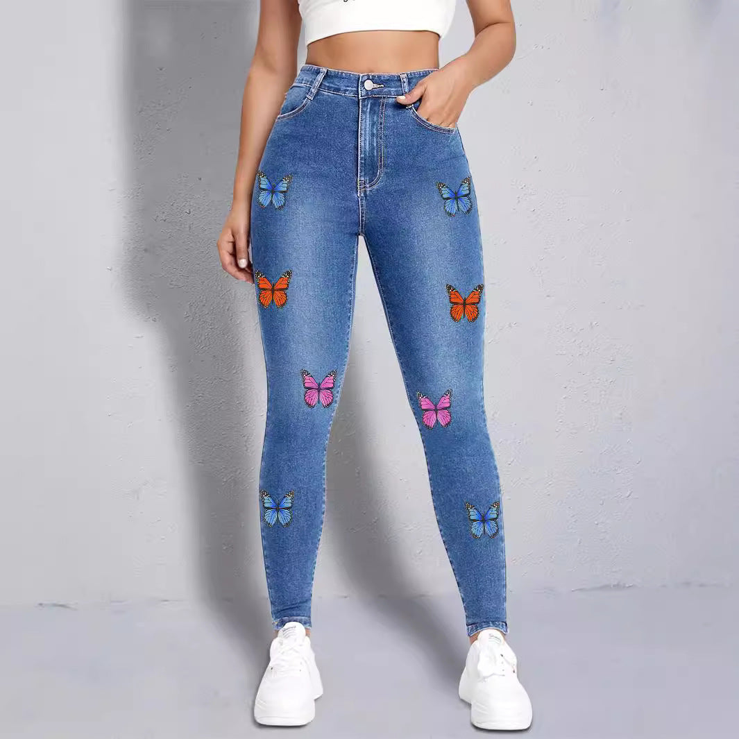Women slim-fit high-waist jeans leggings with colorful butterfly print Fashion Glam