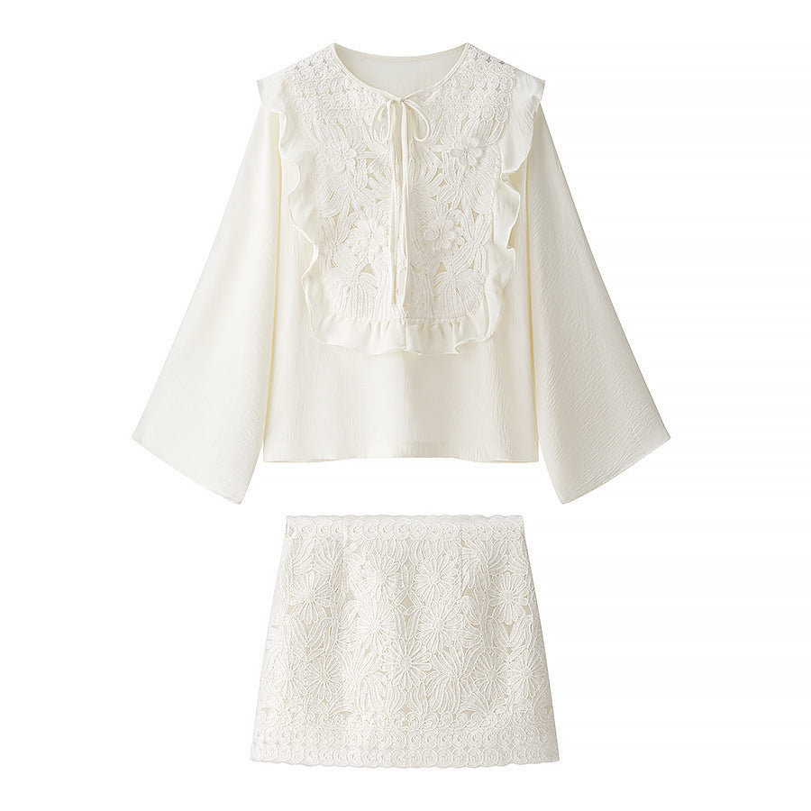 Women Romantic Blouse with Floral Embroidery, Ruffle Bib and Wide Bell Sleeves Fashion Glam