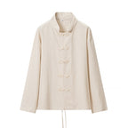 Women's Comfortable Linen Two-Piece Set with Stand-Up Collar, Frog Closures and Wide Palazzo Pants Cut Fashion Glam