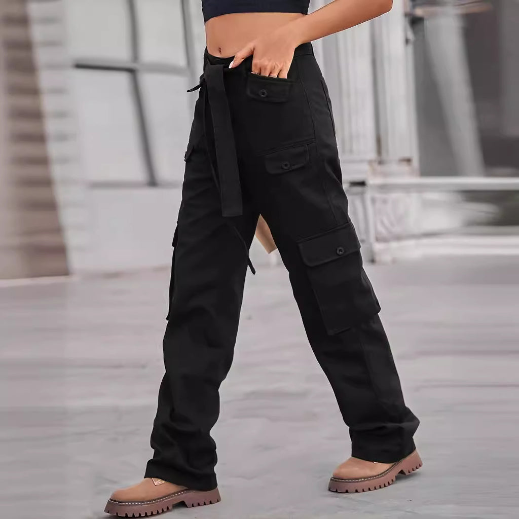 Ladies cargo pants with high waist, tie belt, and multiple flap pockets Fashion Glam
