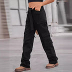 Ladies cargo pants with high waist, tie belt, and multiple flap pockets Fashion Glam