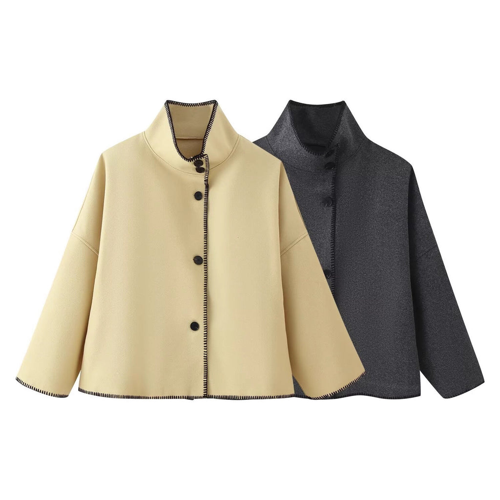 Women's Short Boxy Coat-Cape with Standing Collar and Contrast Decorative Stitch Fashion Glam