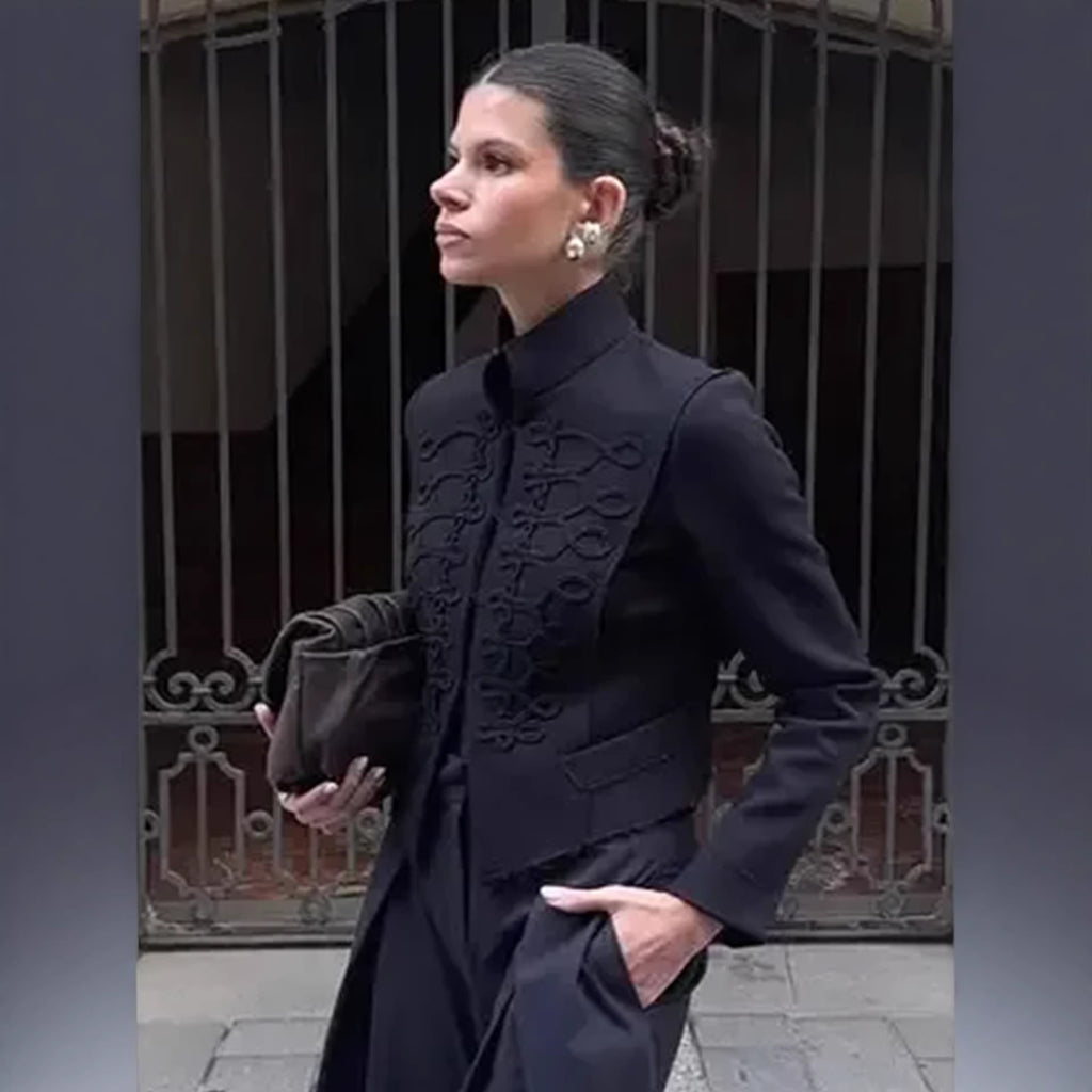 Women's Short Blazer with Decorative Cord Trim and Stand-Up Collar Fashion Glam
