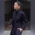 Women's Short Blazer with Decorative Cord Trim and Stand-Up Collar Fashion Glam