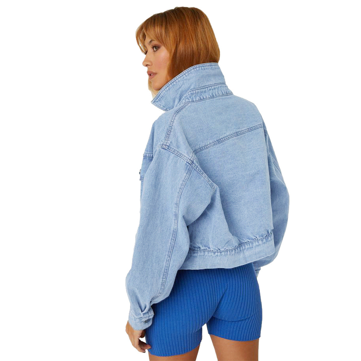 Women's Cropped Oversize Denim Jacket with Snap Button Front and Patch Chest Pockets Fashion Glam