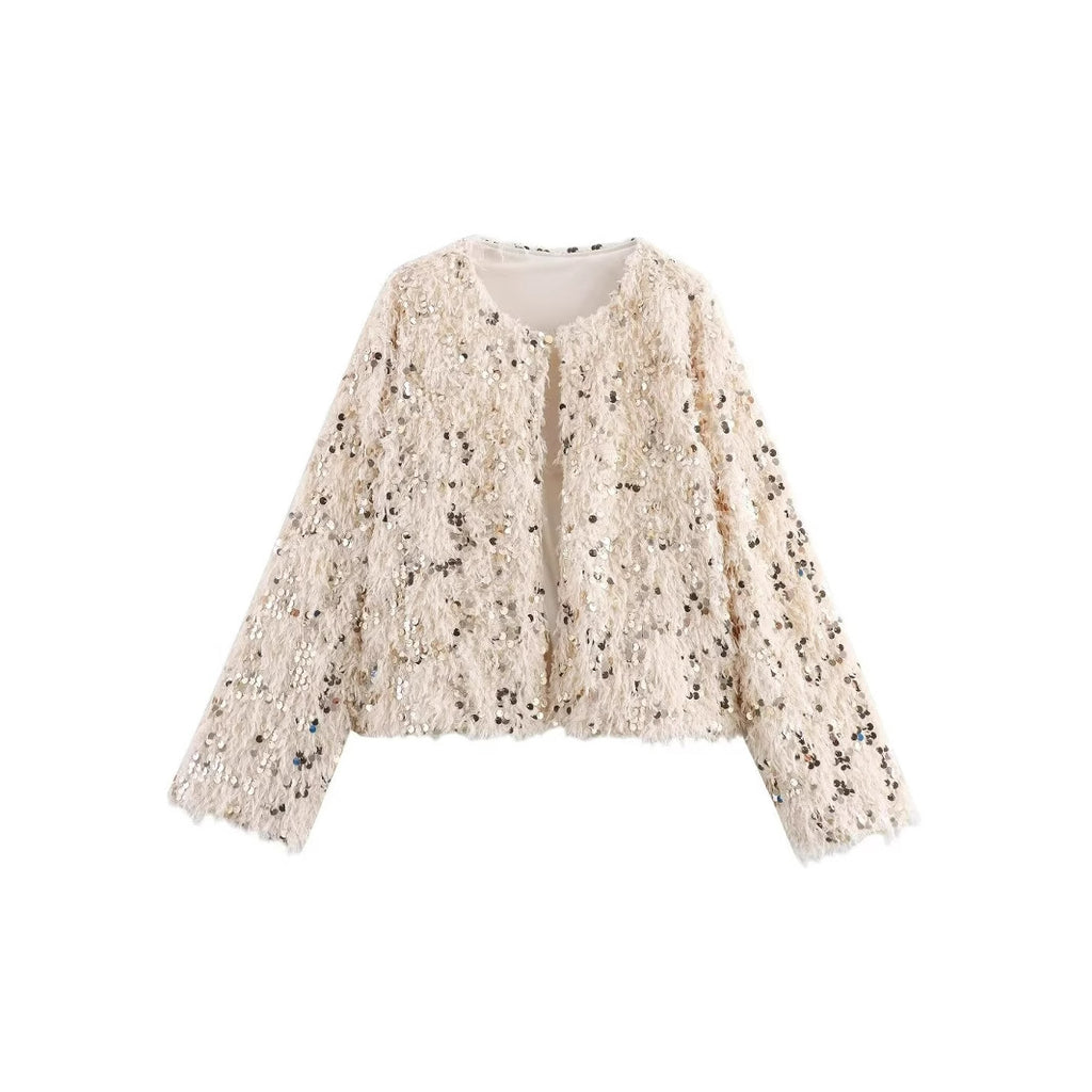 Women's Cropped Jacket made of fluffy Faux Fur with sequin trim Fashion Glam