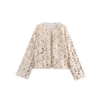 Women's Cropped Jacket made of fluffy Faux Fur with sequin trim Fashion Glam