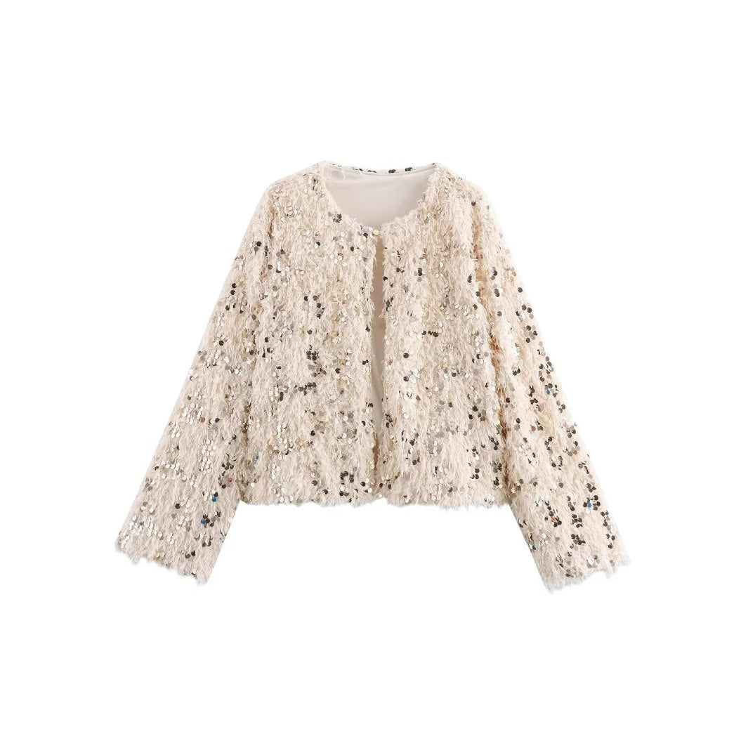 Women's Cropped Jacket made of fluffy Faux Fur with sequin trim Fashion Glam