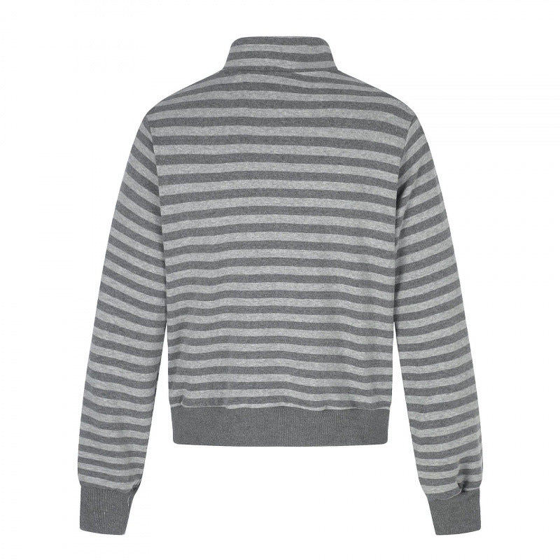 Unisex Striped Zip Hoodie with Troyer Collar, Chest Print, and Zipper Pockets Fashion Glam