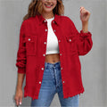 Women's oversized denim shirt jacket with fringe trim, flap pockets, and snap front Fashion Glam