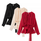 Women's chiffon blouse with gathered waist, wrap belt and ruffle hem Fashion Glam