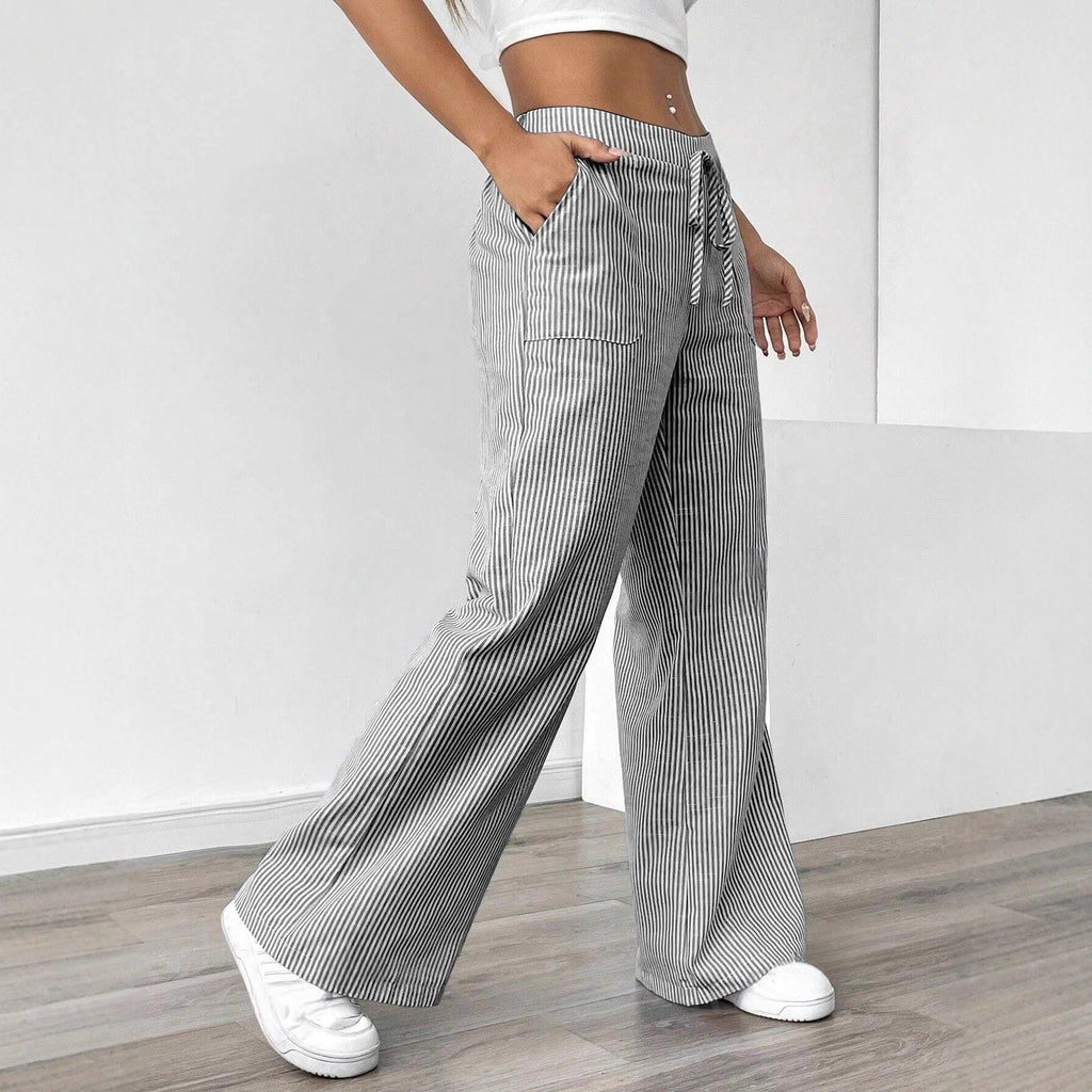 Ladies soft high-waist lounge pants with wide leg drawstring and patch pockets Fashion Glam