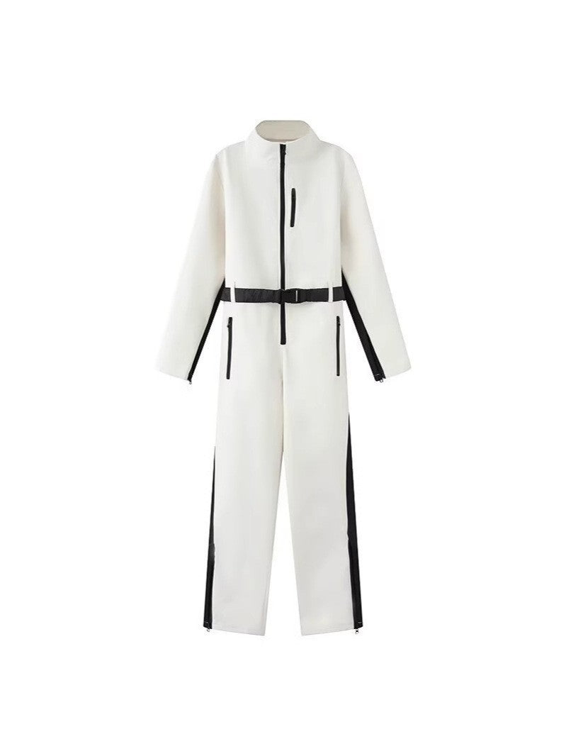 Women's Utility Overall with Waist Belt, Zippers and Stand-Up Collar Fashion Glam