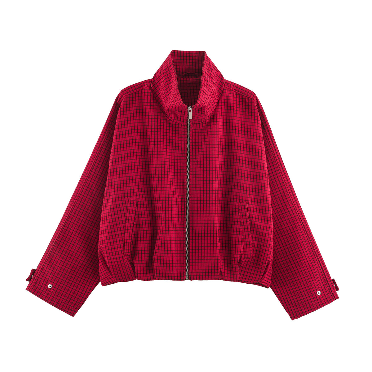 Women's short-cut boxy blouson with stand-up collar, check pattern and zipper Fashion Glam