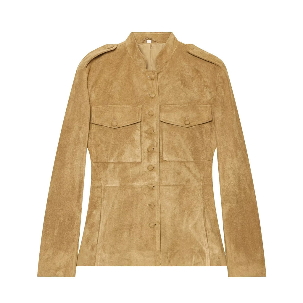 Women's suede military-style jacket with stand-up collar Fashion Glam