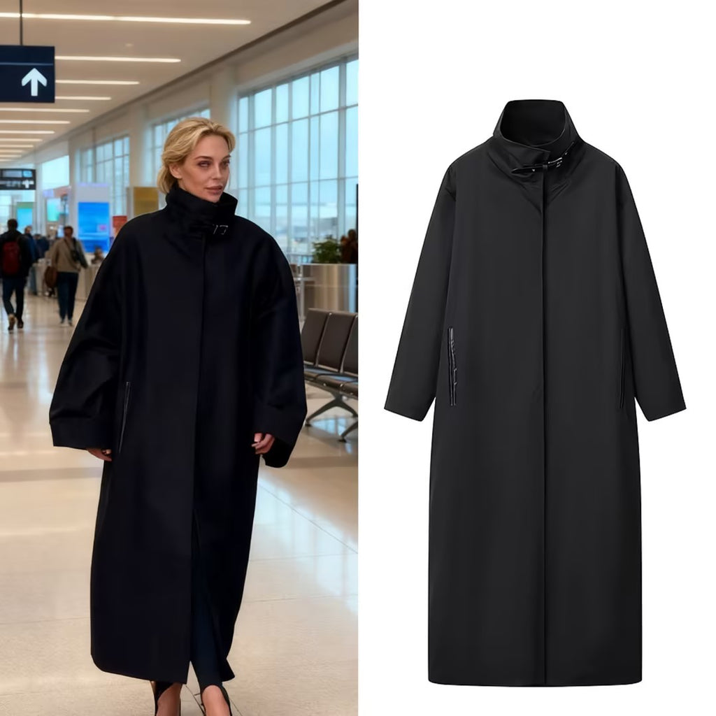 Women's Longer Minimalist Coat with High Stand-Up Collar and Concealed Front Fashion Glam