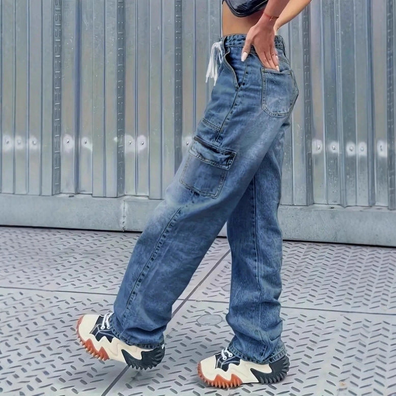 Women's cargo jeans in baggy look with high waist, drawstring and flap pockets Fashion Glam
