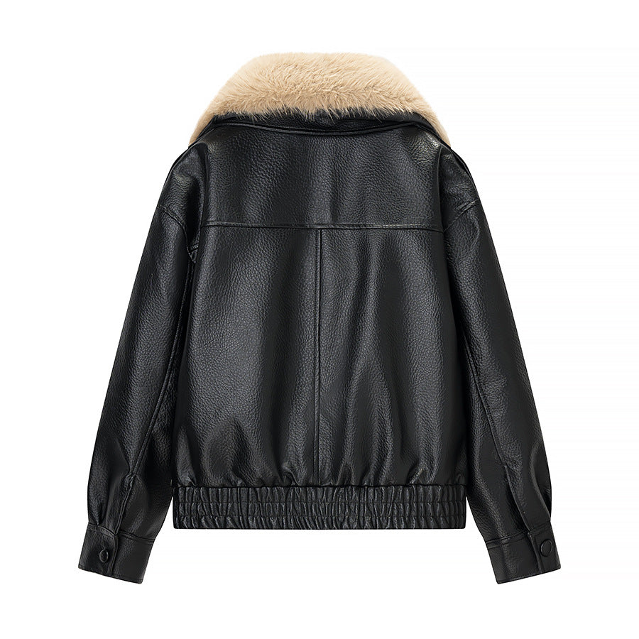 Women Quilted Leather Look Blouson with Voluminous Fur Collar Fashion Glam