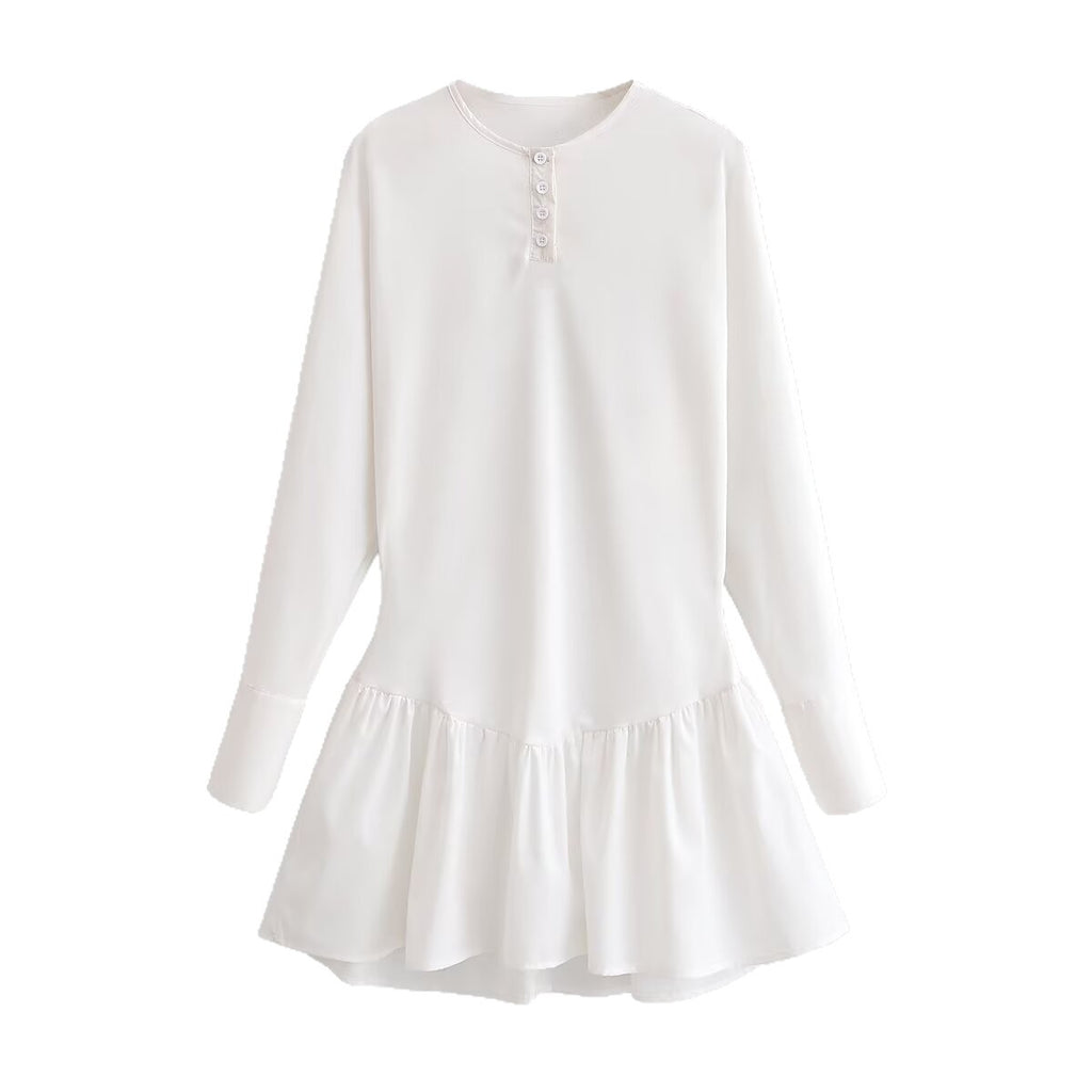 Women Loose Long Sleeve Tunic Dress with Henley Button Placket and Tiered Skirt Fashion Glam