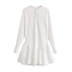 Women Loose Long Sleeve Tunic Dress with Henley Button Placket and Tiered Skirt Fashion Glam
