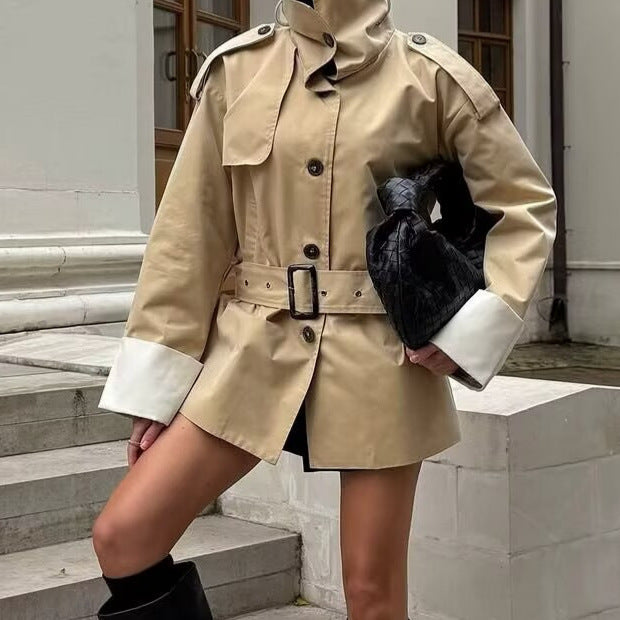Ladies short trench coat in modern bonded look with high stand-up collar, shoulder tabs and contrast cuffs Fashion Glam