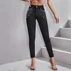 Women High-Waisted Skinny Jeans with Pearl Decoration Fashion Glam