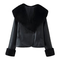 Women's short jacket made of synthetic leather with voluminous faux fur collar and fur cuffs Fashion Glam