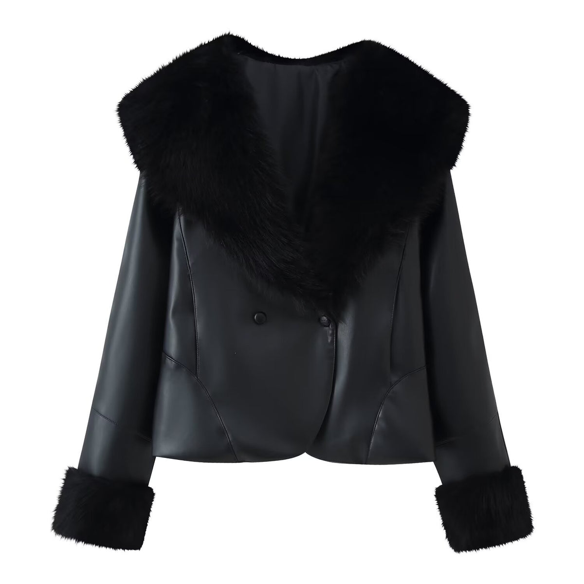 Women's short jacket made of synthetic leather with voluminous faux fur collar and fur cuffs Fashion Glam
