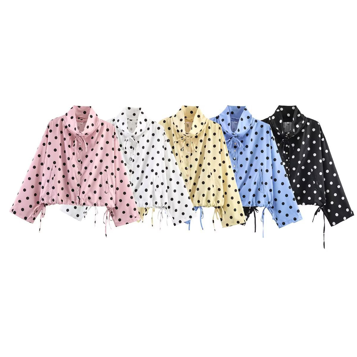 Women's Cropped Polka Dot Transition Jacket with Stand-Up Collar, Drawstring Hem and Button Placket Fashion Glam