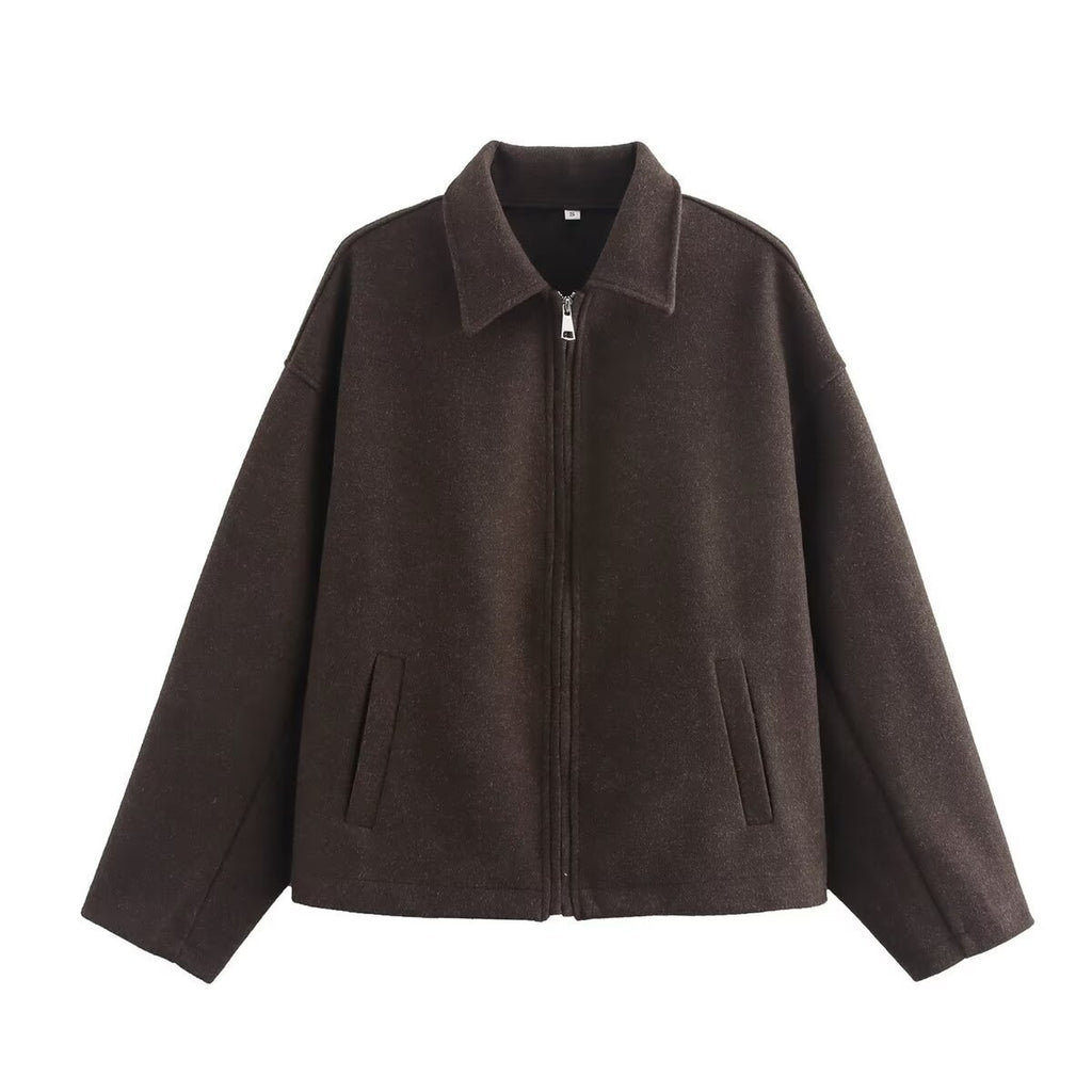 Ladies Oversize Wool Blend Cropped Jacket with Zipper and Shirt Collar Fashion Glam