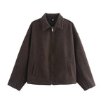 Ladies Oversize Wool Blend Cropped Jacket with Zipper and Shirt Collar Fashion Glam