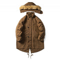 Men's Quilted Parka in Fish Tail Cut with Detachable Faux Fur Hood and Thermal Lining Fashion Glam