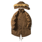 Men's Quilted Parka in Fish Tail Cut with Detachable Faux Fur Hood and Thermal Lining Fashion Glam