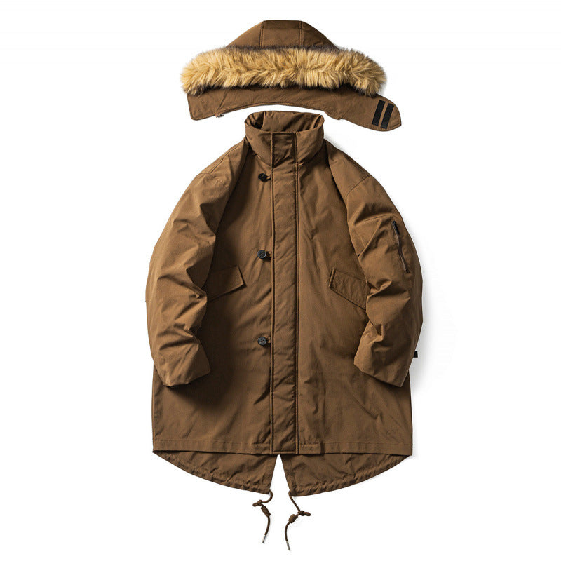 Men's Quilted Parka in Fish Tail Cut with Detachable Faux Fur Hood and Thermal Lining Fashion Glam