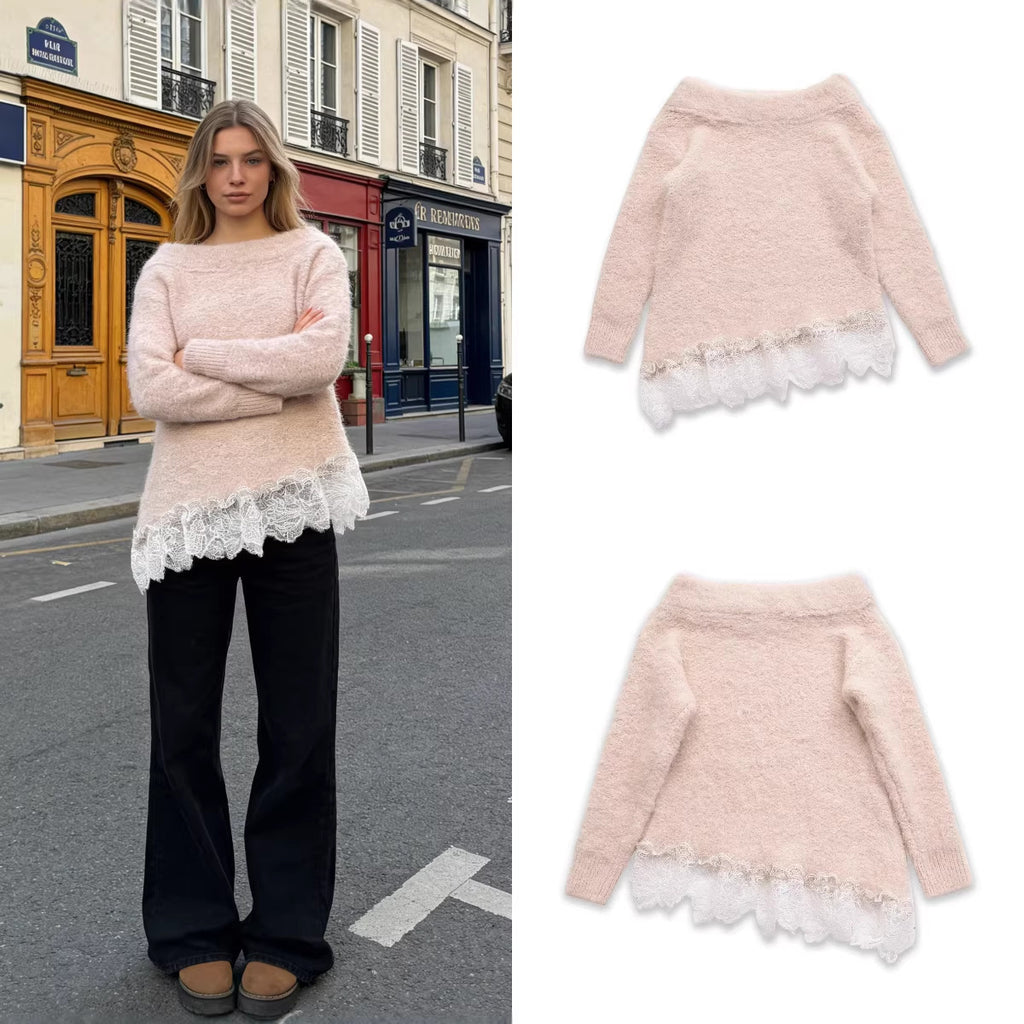 Women's Fuzzy Knit Sweater with Off-the-Shoulder Neckline and Lace Trim Fashion Glam