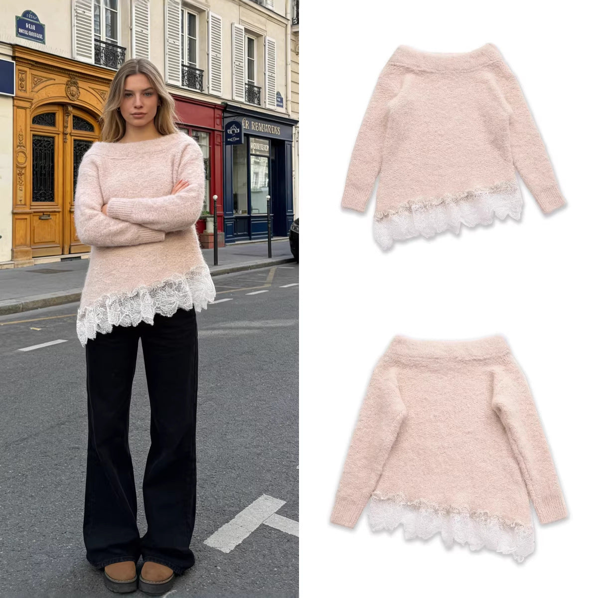 Women's Fuzzy Knit Sweater with Off-the-Shoulder Neckline and Lace Trim Fashion Glam