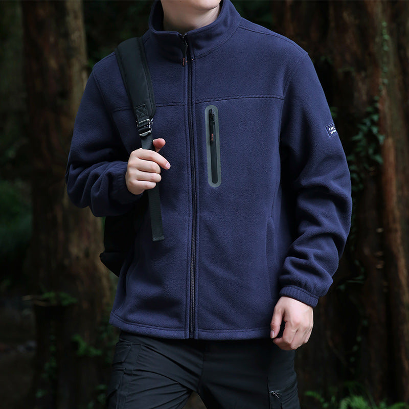 Men's Thermal Microfleece Outdoor Jacket with Stand-Up Collar, Waterproof Chest Zip Pocket Fashion Glam