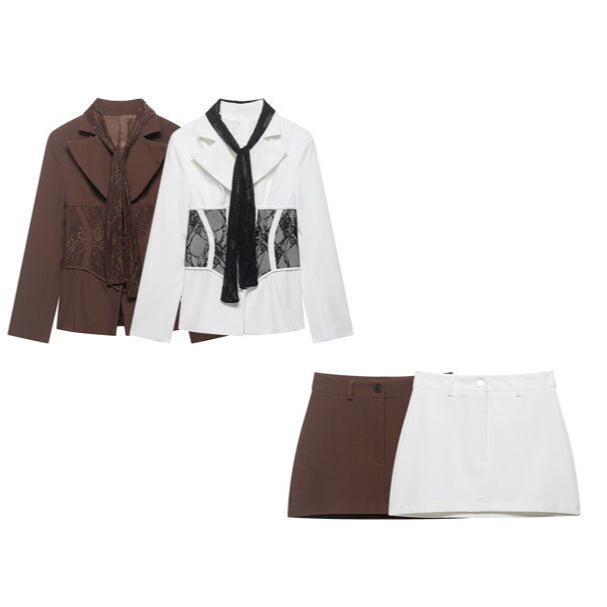Women Tailored Blazer with Lace Inserts and Integrated Lace Scarf Fashion Glam