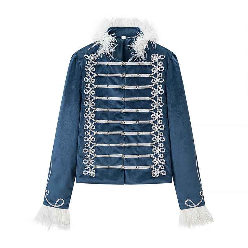 Women's Military Inspired Velvet Jacket with Decorative Cords, Feather Trim and Decorative Buttons Fashion Glam